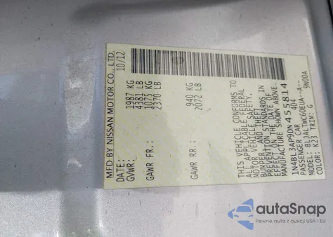 2013 Nissan Altima 3.5 Sv z USA, uszkodzony, nr VIN 1N4BL3AP9DN455814